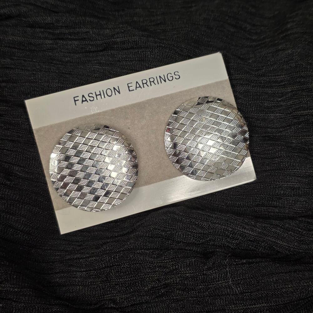 Vintage 80s Silver Checkerboard Disc Earrings Oversized Pierced Statement
